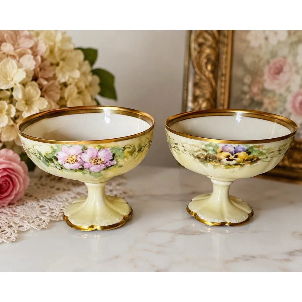Antique O&EG Royal Austria Hand Painted Floral Sherbet Cups Compotes Gold Gilt 2